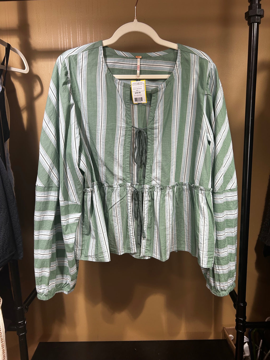 Green and Blue Striped Free People NWOT Brunch Babe Blouse, L