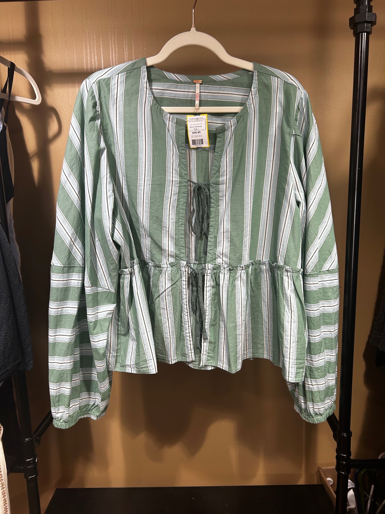 Green and Blue Striped Free People NWOT Brunch Babe Blouse, L