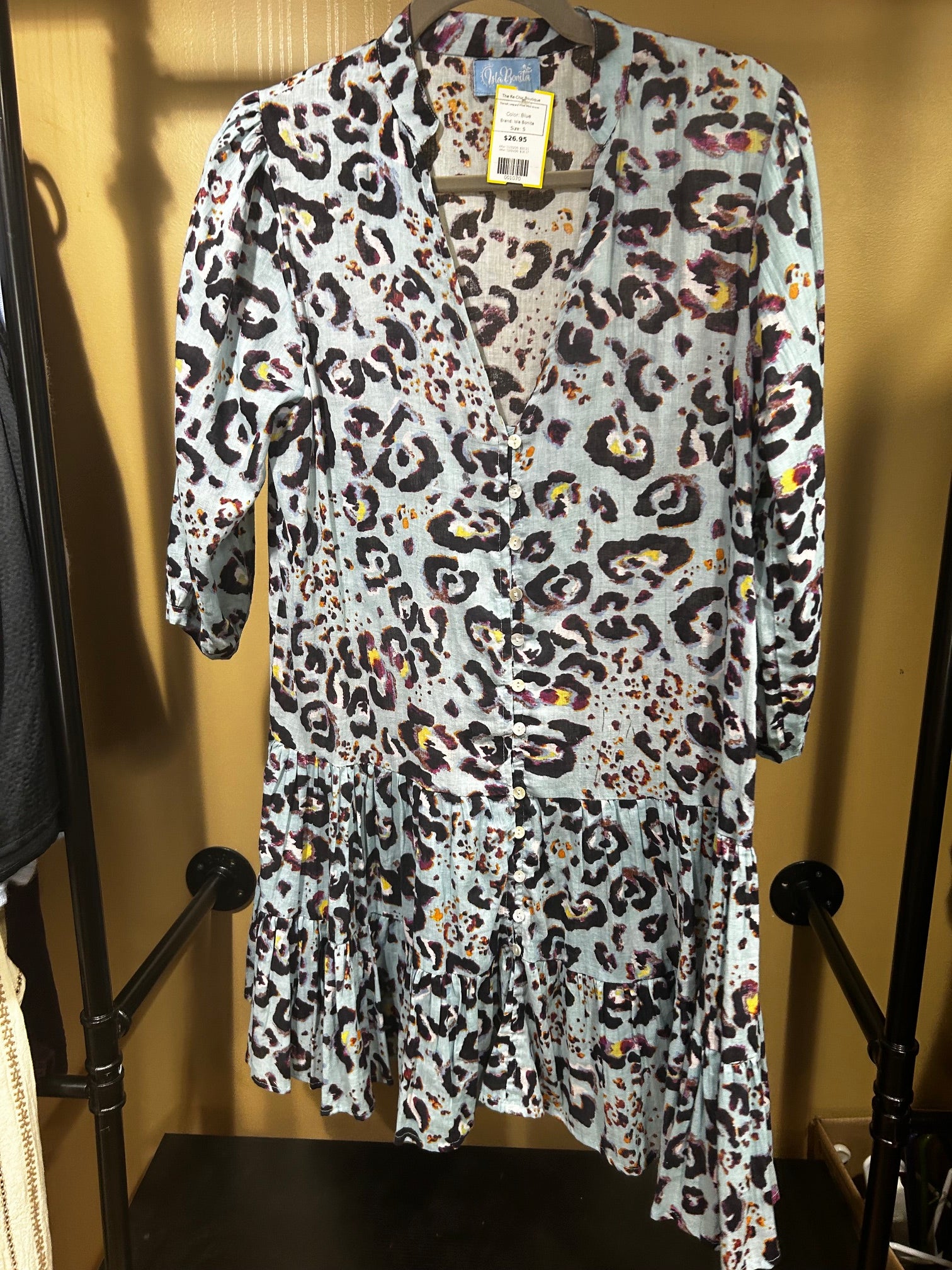 Blue  Isla Bonita  Tiered Leopard Print Mini Dress, S