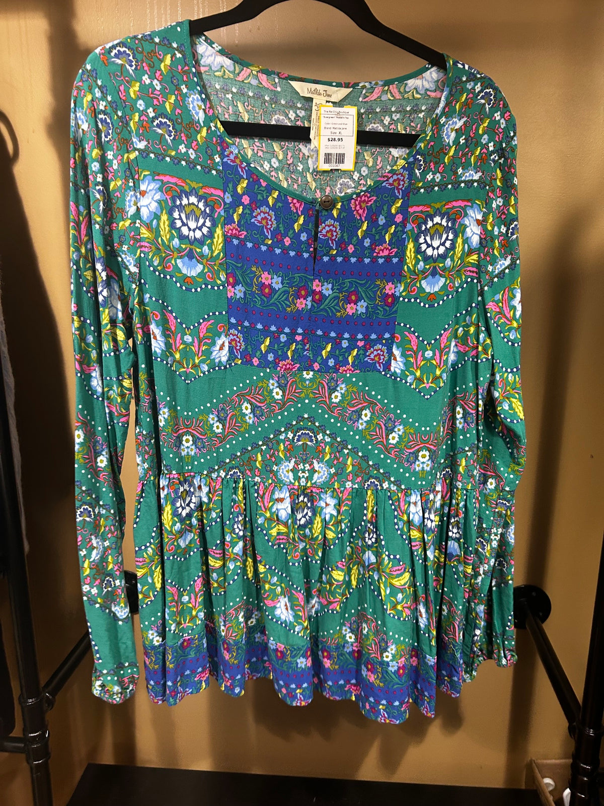 Green and Blue Matilda Jane "Evergreen" Peasant Top, XL
