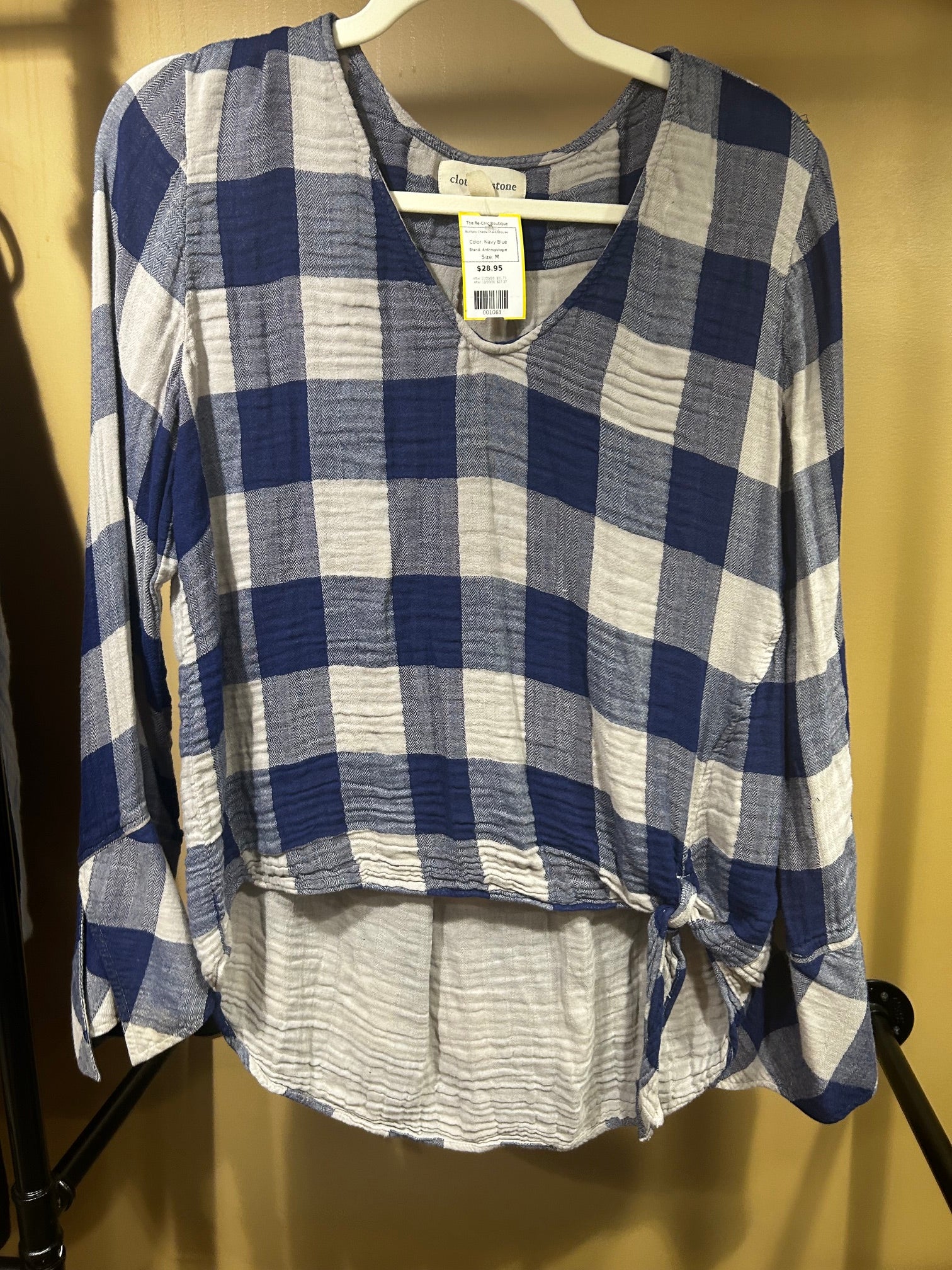 Navy Blue Anthropologie  Buffalo Check Plaid Blouse, M