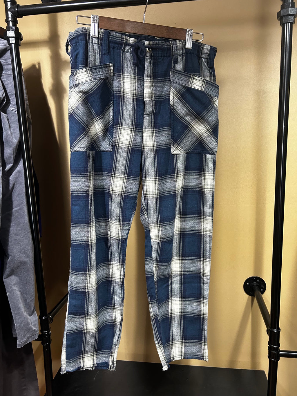 Blue Plaid Free People "Plaid City Slouch" Pants, S