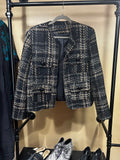Black, Gold, Tan Plaid  MNG Pocket Tweed Jacket, L
