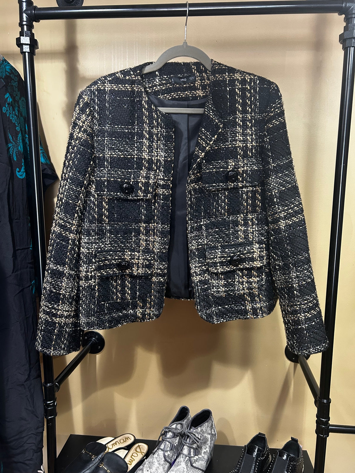 Black, Gold, Tan Plaid  MNG Pocket Tweed Jacket, L